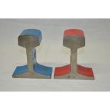 Pair of train rail cross section book ends heavy steel blue and red