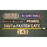 Various cast iron painted signs, some railway, including Parcel Office, Shut and Fasten Gate, etc (