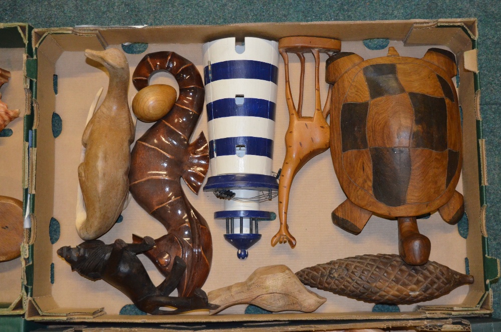 Four boxes of hand carved ornaments, mostly wooden, including a giraffe, dolphin, octopus etc., a - Image 2 of 5