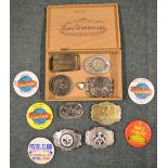 Collection of American belt buckles including native American Thunderbird symbol, Cattleman of