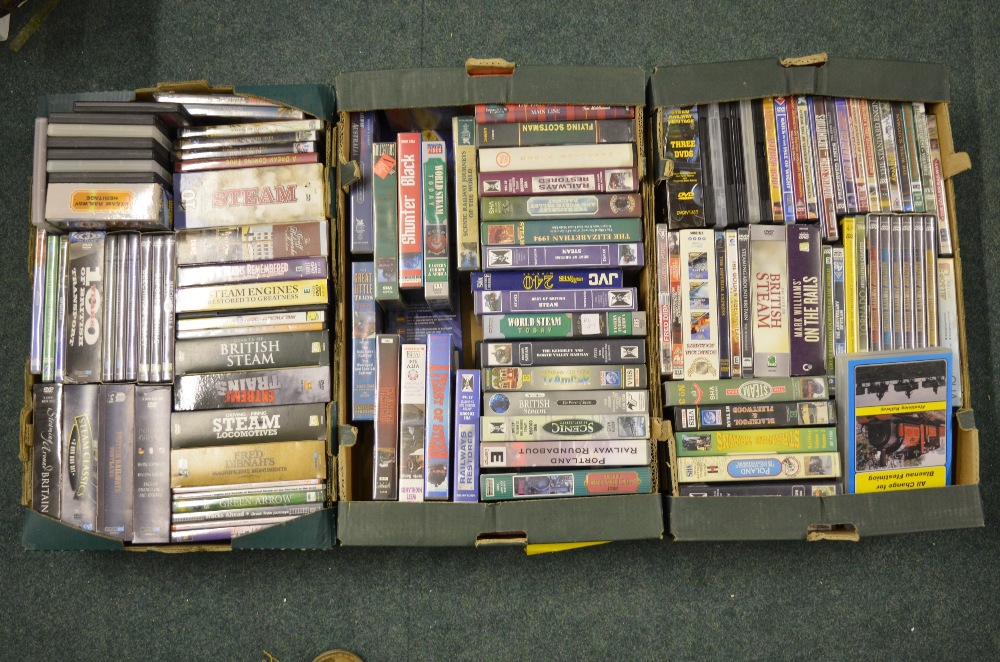 Three boxes of railway related DVDs and videos