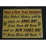 Vintage sheet metal petrol station sign, hand painted Christmas and New Years Holidays, 610mm x