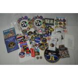 Large box of mission patches, NASA mission photo packs, enamel badges, reference books, astronaut