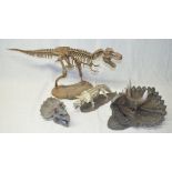 Resin T-Rex model, large Triceratops wall hanging skull by D.W.K, another smaller Triceratops