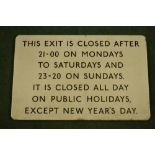 Enamel railway sign listing opening times in black lettering W52cm H23cm