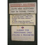 Three metal plate Emergency Equipment, Entrance Restrictions, etc railway signs (3)