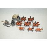 Vintage Britain’s horse drawn field gun (broken) and ambulance sets. Also 3 pack mules, one with