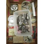 Assorted clock makers lathe tools including allen keys, lathe centre, aluminum face plate, brass