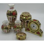 Collection of Royal Crown Derby Old Imari pattern wares incl. quartz mantel clock, small lidded
