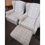 Pair of Next upholstered wingback armchairs on turned lightwood support in checked upholstery and