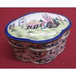 Chinese enamel ware box with lift off lid, decorated with various figures and floral scenes W11cm