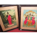 Ravi Varma (Indian 1848 -1906), pair of early C20th embroidered silk and threadwork prints of Indian