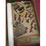 Small collection of hand painted lead soldiers, Matchbox vehicles, early C20th cased dominos (case