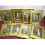 Set of eight framed and mounted prints of 18th Century street scenes with sheet music to the