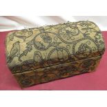 C19th crewel work table box of rectangular form with domed lift up lid, decorated in form of