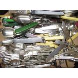 Silver plated fiddle pattern forks, bone handled knives, other silver plated flatware