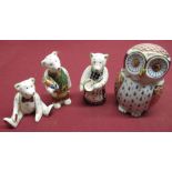 Three Royal Crown Derby Imari teddy bear figures, owl figurine (4)