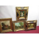 Group of C20th Continental style paintings in gilt and ebonized frames, including a farming scene