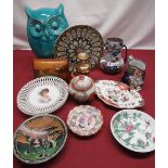 Collection various ceramics to include blue glazed pottery owl, Aynsley pigs, Japanese Kutani