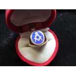 Hallmarked 9ct yellow gold and blue enamel Masonic ring, makers mark, WJP, Birmingham, size W, 5.7g
