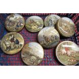 Collection of eight prattware pot lids to include Uncle Toby, The Village Wedding, Peace etc