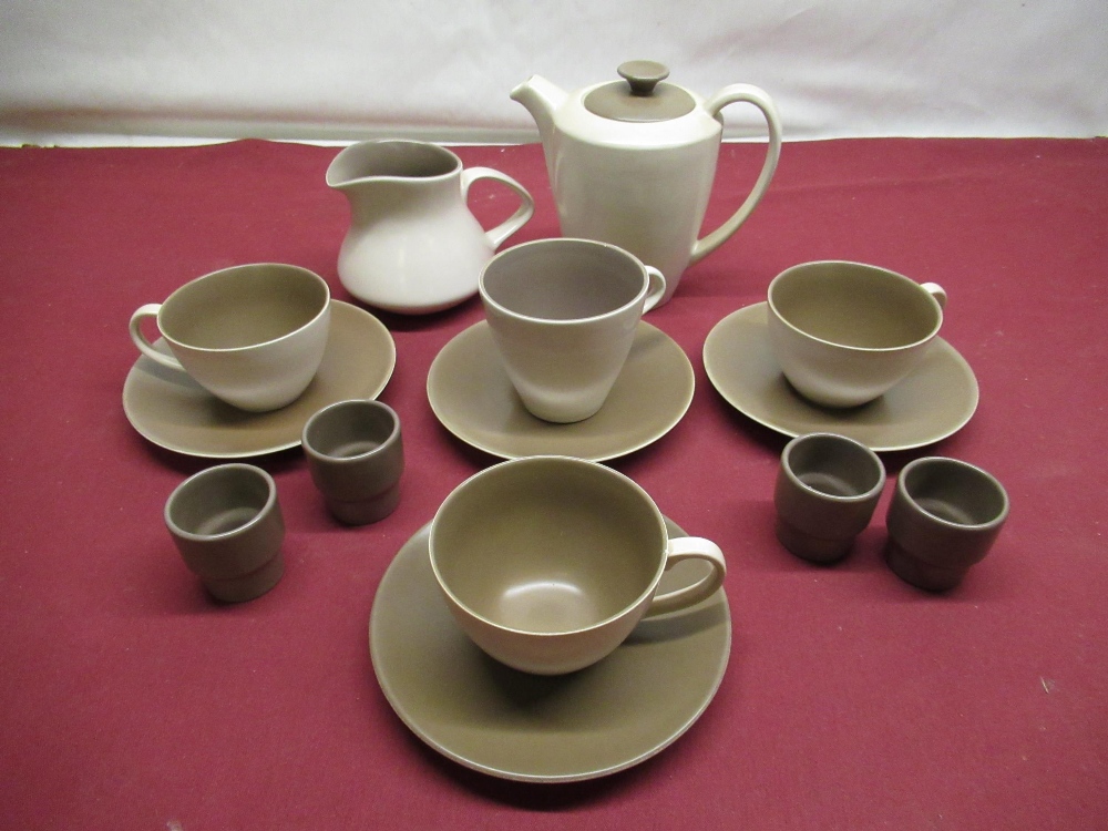 Poole Pottery breakfast set consisting coffee pot, sugar, milk jug, egg cups, tea and coffee cup and