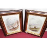 Pair of framed water colours on milk glass depicting mountainous landscape scenes signed F.Shiott 31