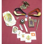 Selection of collectables to include two Meerschaum pipes, small C19th glass inkwell with enamel