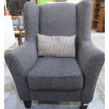 Grey and white geometric modern upholstered wing back arm chair with lift out seat and single
