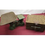 Set of F.J. Thornton & Co. galvanized kitchen scales, and a mid C20th wicker picnic basket