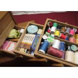 Cantilever sewing box containing quantity of silks, threads, cottons, scissors, crochet hooks etc,