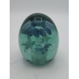 Victorian green glass dump paperweight with inset metal foil floral sprays, H11cm