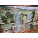 Ken Johnson (British C20th); 'Wooded River Landscape', oil on canvas, signed, 61cm x 86cm