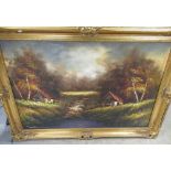 C20th; Rural Autumn landscape, oil on canvas, indistinctly signed, 60cm x 90cm