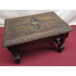Late c19th small carved oak foot stool, with barley-twist stretchers H19cm, W30cm, D21cm