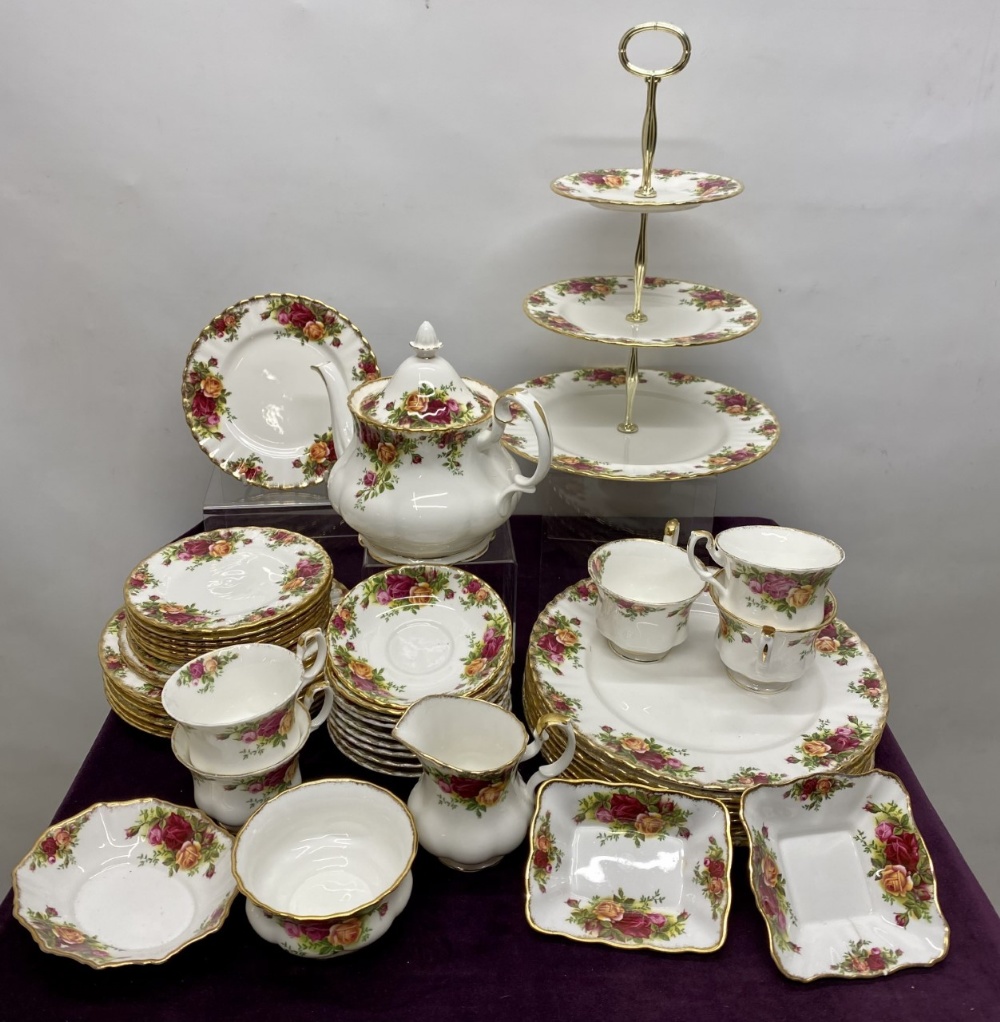 Royal Albert 'Old Country Roses' tea set including three tier cake stand, teapot, teacups, saucers