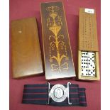 Set of Waddington's club dominoes in wooden case, another wooden case with brass escutcheon and an