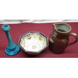 Burmantofts Faience art nouveau blue glaze candlestick, C19th salt glazed stoneware jug and a