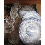 Victorian blue and white decorative patterned plates, six cut wine glasses