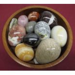 Wooden ball with selection of hardstone eggs including rose quartz, etc