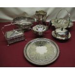 Collection of EPNS including circular salver, bottle cooler, swing handled fruit baskets, teapot,