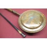 C19th copper warming pan with turned fruitwood handle, L107cm, ebonised walking stick with