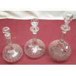 Edwardian cut glass decanter, with blown stopper, overall height 31cm and 2 similar decanters,