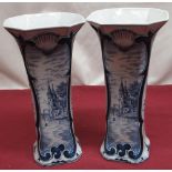 Pair of early C20th Delft pottery blue and white vases decorated with a Dutch riverside castle