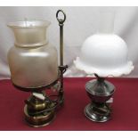 Two metal oil lamps converted to electric, with chimneys and shades (2)