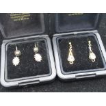 Pair of opal and CZ stud earrings, pair of black pearl screw back stud earrings, and a pair of
