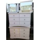 Pair of white bedroom chest of drawers, W126cm, H80cm together with two white dressing table mirrors