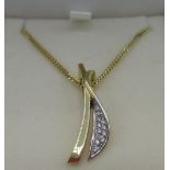 18ct gold abstract pendant inset with twelve round cut diamonds, on a flat curb chain necklace