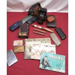 Selection of mid C20th collectables including vintage card games, spectacles, fans, cigarette cases,