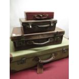 Canvas and leather suitcase, two smaller leather suitcases and red leather jewellery style case (4)